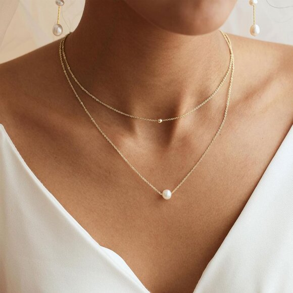 14K Gold Plated Dainty Pearl Necklace - 16'' with Extender for Versatile Wear - Picture 2 of 7